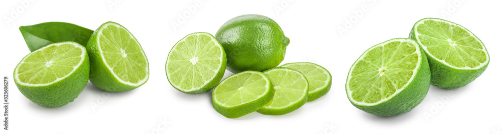 lime with half and leaf isolated on white background. Set or collection lime with half and leaf isolated on white background. Set or collection