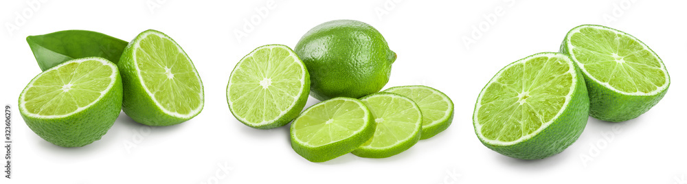 lime with half and leaf isolated on white background. Set or collection