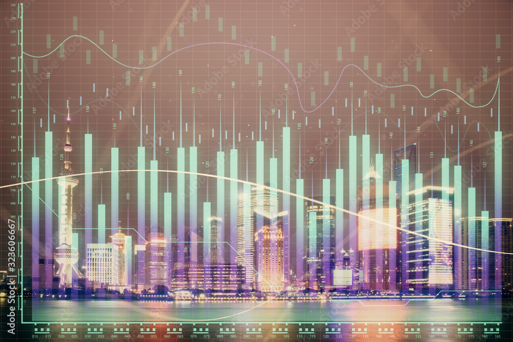Financial graph on night city scape with tall buildings background double exposure. Analysis concept. Financial graph on night city scape with tall buildings background double exposure. Analysis concept.