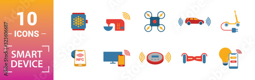 Smart Devices icon set. Include creative elements drone, smart car, smart house, solar battery roof, smart speaker icons. Can be used for report, presentation, diagram, web design