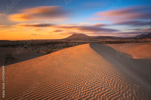 Beautiful landscape of sand dunes in the National Park of Dunas de Corralejo , Canary Islands ,Fuerteventura.