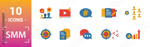Smm icon set. Include creative elements content, copywriting, user information, budget planning, tops and ratings icons. Can be used for report, presentation, diagram, web design