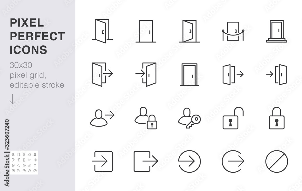 Open door line icon set. Login, logout, register, password, vip entrance, key, lock, exit minimal vector illustrations. Simple outline signs for web application. 30x30 Pixel Perfect. Editable Strokes - obrazy, fototapety, plakaty 