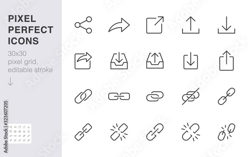 Share button line icon set. Link, broken hyperlink, download, publish, attach chain minimal vector illustrations. Simple outline signs for web application url. 30x30 Pixel Perfect. Editable Strokes photo
