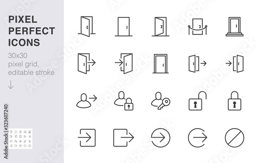 Open door line icon set. Login, logout, register, password, vip entrance, key, lock, exit minimal vector illustrations. Simple outline signs for web application. 30x30 Pixel Perfect. Editable Strokes photo