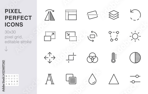Photo edit line icon set. Flip, crop image, color filter, adjust effects, contrast minimal vector illustration. Simple outline signs for photography application. 30x30 Pixel Perfect. Editable Strokes