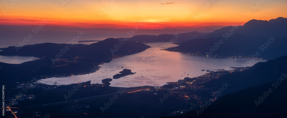 Beautiful sunset over the Kotor Bay in Montenegro-Panorama