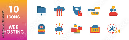 Web Hosting icon set. Include creative elements data structure, cloud technology, ssd, file access, modem icons. Can be used for report, presentation, diagram, web design