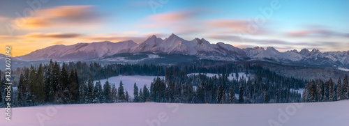 Beautiful winter mountain landscape at sunrise-Tatra Mountains, Poland.Panorama