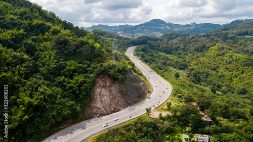 Aerial view of asphalt road on the hill in Phetchabun province, Thailand, Top of view highway road north in Thailand