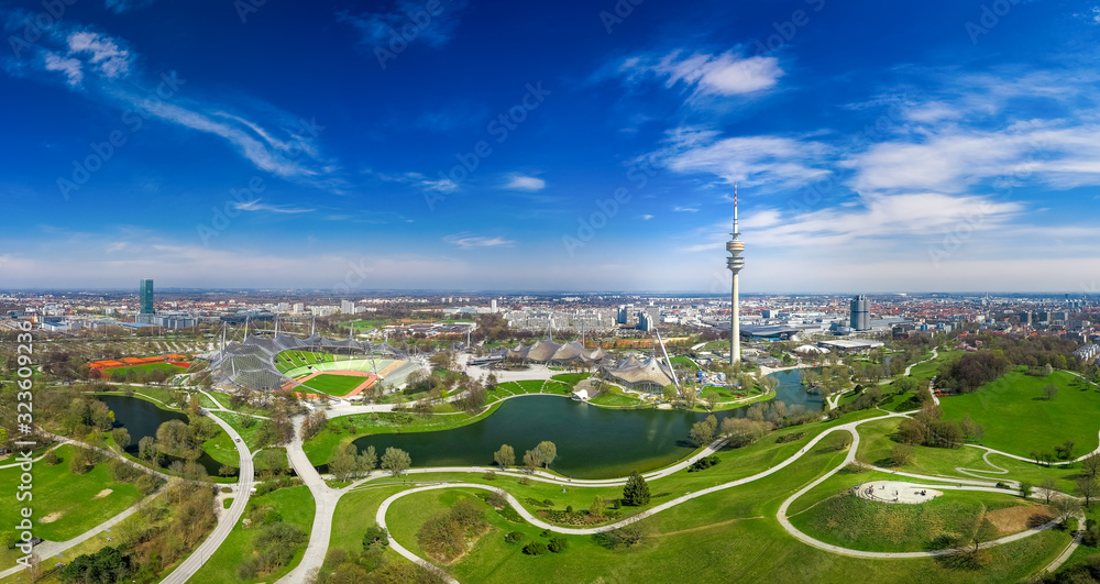 Obraz premium A wonderful spring day in Munich Olympiapark from above as a drone shot.