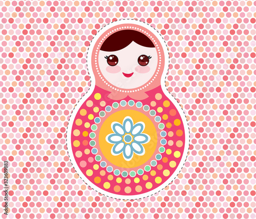 Russian dolls matryoshka, pink blue mint colors, vintage card with polka dot backgroun. Can be used for Card banner template, copy space. Vector