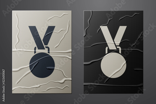 White Medal icon isolated on crumpled paper background. Winner symbol. Paper art style. Vector Illustration