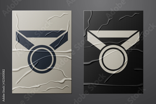 White Medal icon isolated on crumpled paper background. Winner symbol. Paper art style. Vector Illustration