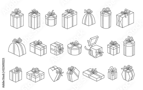Gift box outline vector illustration on white background .Giftbox with ribbon outline set icon.Isolated icon gift box for birthday.