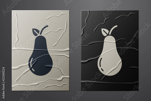 White Pear icon isolated on crumpled paper background. Fruit with leaf symbol. Paper art style. Vector Illustration