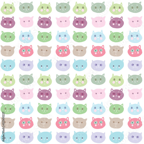 Seamless pattern funny cat face pink lilac blue green gray pastel colors isolated on white background. simple ornament, Can be used for Gift wrap, fabrics, wallpapers. Vector