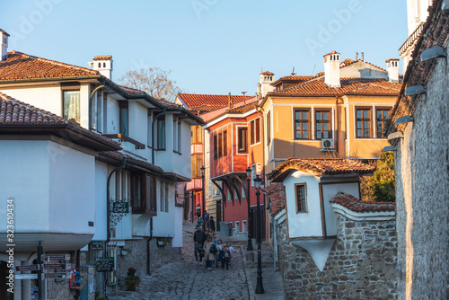 Plovdiv / Bulgaria - February 16 2020 : Typical architecture from old town of Plovdiv, Bulgaria ,historical medieval houses. Ancient city is UNESCO's World Heritage