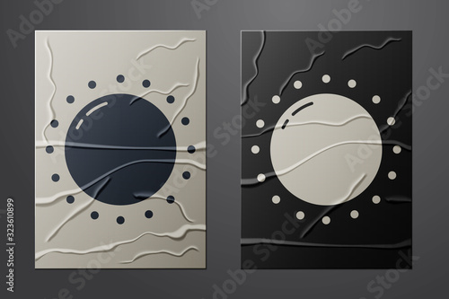 White Sun icon isolated on crumpled paper background. Summer symbol. Good sunny day. Paper art style. Vector Illustration