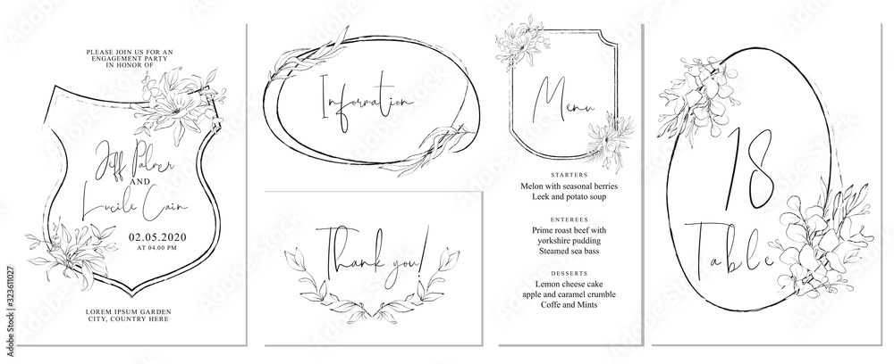 Minimalist wedding invitation cards template design, foliage line art ink drawing on white