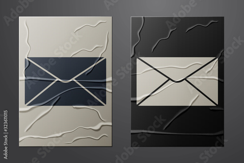 White Envelope icon isolated on crumpled paper background. Email message letter symbol. Paper art style. Vector Illustration