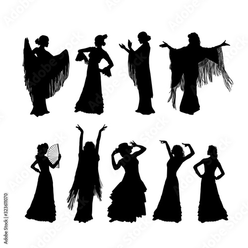 Woman in long dress stay in dancing pose. flamenco dancer, spanish. beautiful female profile black silhouette Isolated on white background. Vector