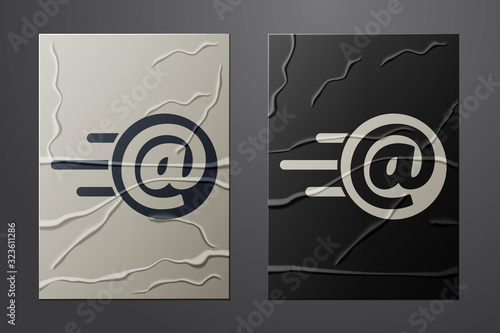 White Mail and e-mail icon isolated on crumpled paper background. Envelope symbol e-mail. Email message sign. Paper art style. Vector Illustration