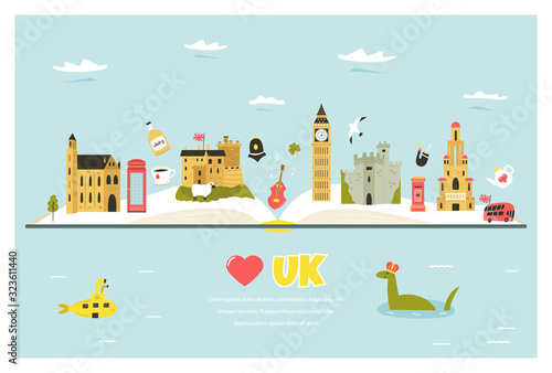 Travel poster with famous symbols of Great Britain