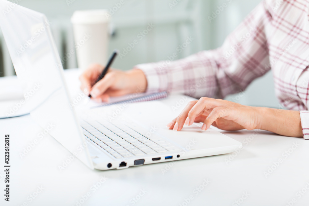Fototapeta premium Young woman using a laptop pc at office
