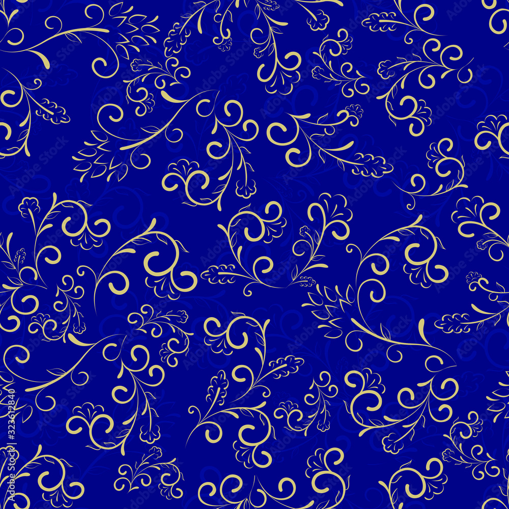 Elegant floral seamless pattern ornament, golg and blue abstract ornament Elegant floral seamless pattern ornament, golg and blue abstract ornament