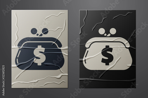 White Wallet with dollar symbol icon isolated on crumpled paper background. Purse icon. Cash savings symbol. Paper art style. Vector Illustration