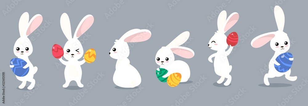 Funny easter rabbits character with eggs set vector illustration. Collection of cute fluffy bunnies with treats cartoon design. Holiday and spring concept