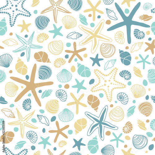Seamless pattern with hand drawn seashells, neutral colors marine theme in minimal scandinavian style