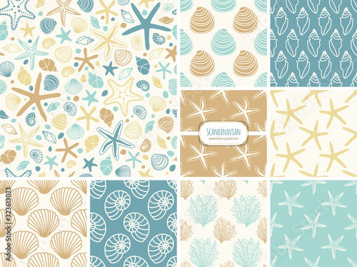 Set of seamless patterns with hand drawn seashells, neutral colors marine theme in minimal scandinavian style