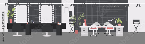 modern hair and nail salon with furniture barber and manicure master workplace beauty salon interior horizontal vector illustration
