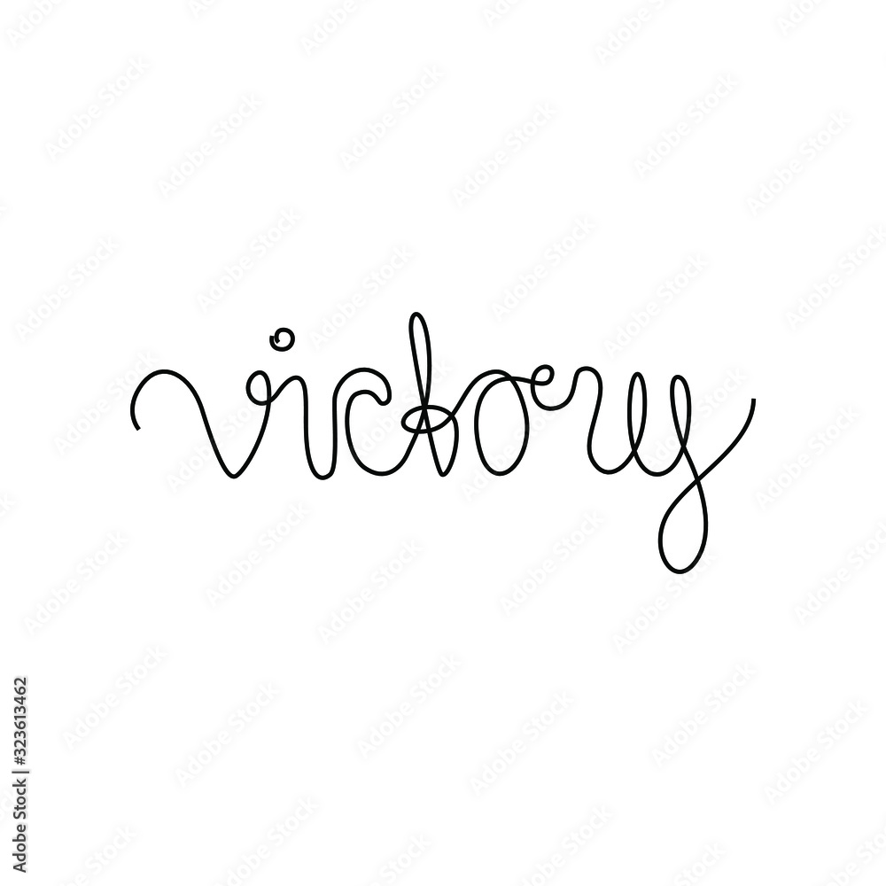 Victory lettering, continuous line drawing, small tattoo, print for clothes, t-shirt, emblem or logo design, one single line on a white background, isolated vector illustration