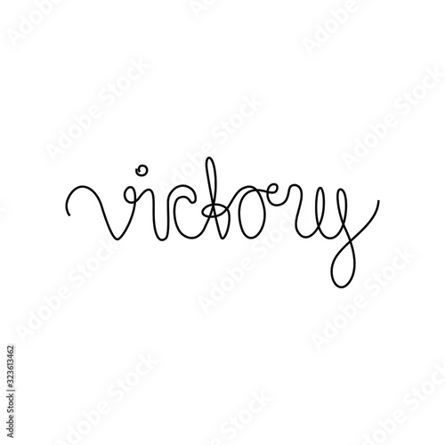 Victory lettering, continuous line drawing, small tattoo, print for clothes, t-shirt, emblem or logo design, one single line on a white background, isolated vector illustration