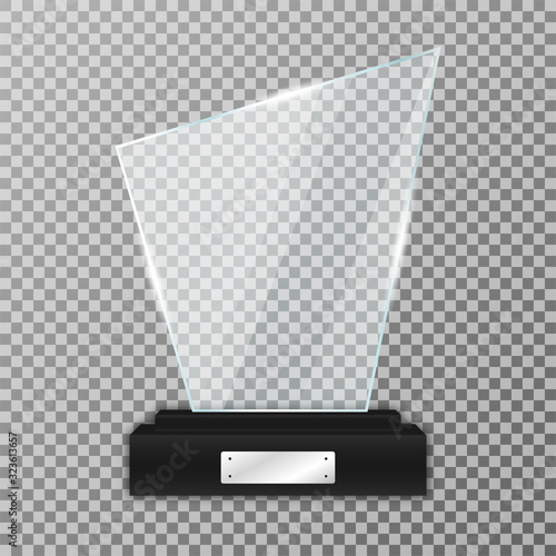 Glass trophy award on black stand. Realistic glass trophy with glares and light. Acrylic and glass texture
