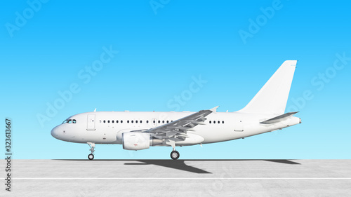 white airplane side view on runway at airport isolated on blue sky background. Passenger jet plane with gear extended. Commercial aircraft paint scheme. Luxury business jet. Aviation design reference