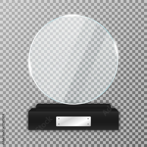 Glass trophy award on black stand. Realistic glass trophy in round shape with glares and light. Acrylic and glass texture