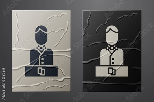 White Casino dealer icon isolated on crumpled paper background. Casino croupier. Paper art style. Vector Illustration