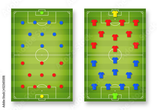 Football tactic board. Magnetic board with football field marking and magnetic pins and t-shirts, soccer tactic scheme, team strategy. Football playbook template. Vector