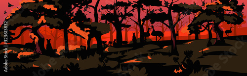 animals silhouettes running from forest fires in australia wildfire bushfire burning trees natural disaster concept intense orange flames horizontal vector illustration