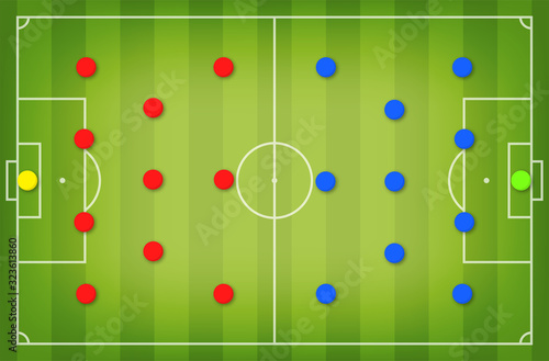 Football tactic board. Magnetic board with football field marking and magnetic pins, soccer tactic scheme, team strategy. Football playbook template