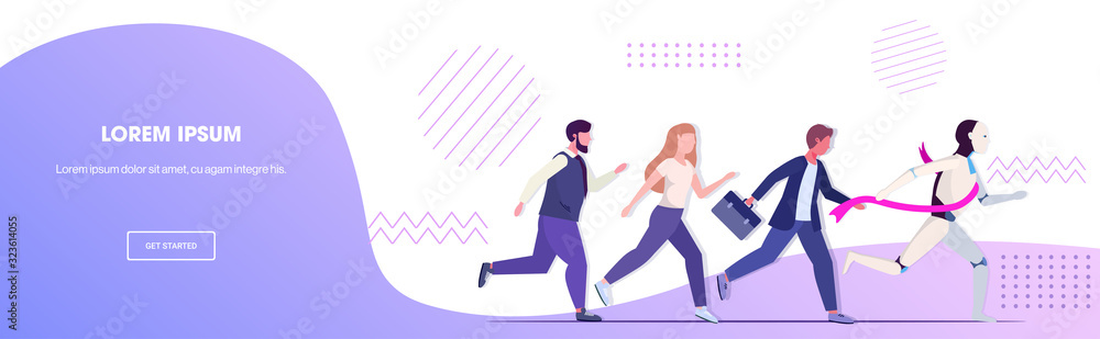 hymanoid winner running with businesspeople robot vs human business competition artificial intelligence domination concept horizontal copy space vector illustration hymanoid winner running with businesspeople robot vs human business competition artificial intelligence domination concept horizontal copy space vector illustration