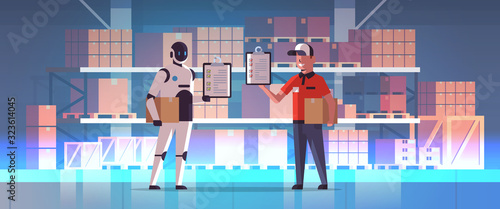 robotic postman with man courier holding parcel boxes robot vs human standing together modern warehouse interior delivery service artificial intelligence technology concept full length horizontal