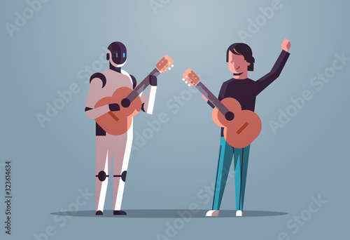 robotic musician with man guitarist playing acoustic guitar robot vs human standing together artificial intelligence technology concept flat full length horizontal vector illustration