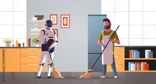 robotic janitor with man cleaner sweeping and cleaning robot vs human standing together artificial intelligence technology concept modern kitchen interior full length horizontal vector illustration