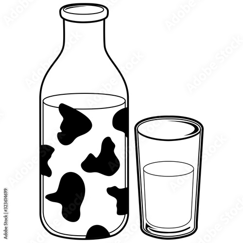 Milk bottle and glass of milk. Vector black and white coloring page.