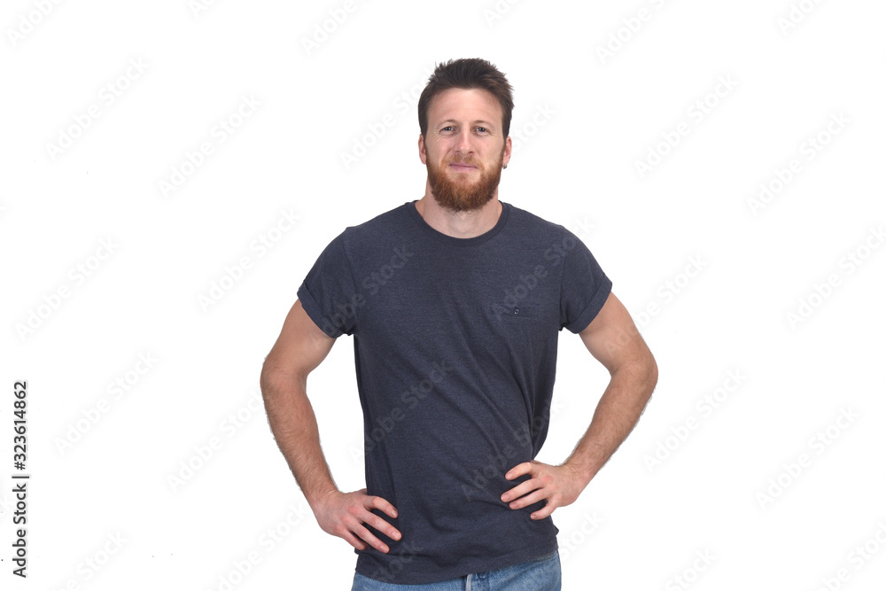 portrait of a man hands on waist and smiling on white portrait of a man hands on waist and smiling on white